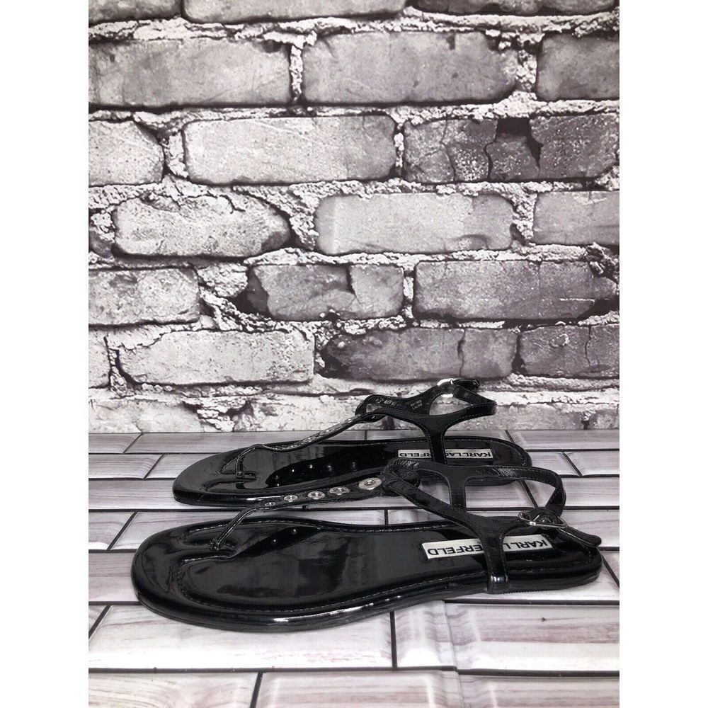 Karl Lagerfeld Black Patent Leather Strap Flats Sandals Women’s Sz 6M US/36EU